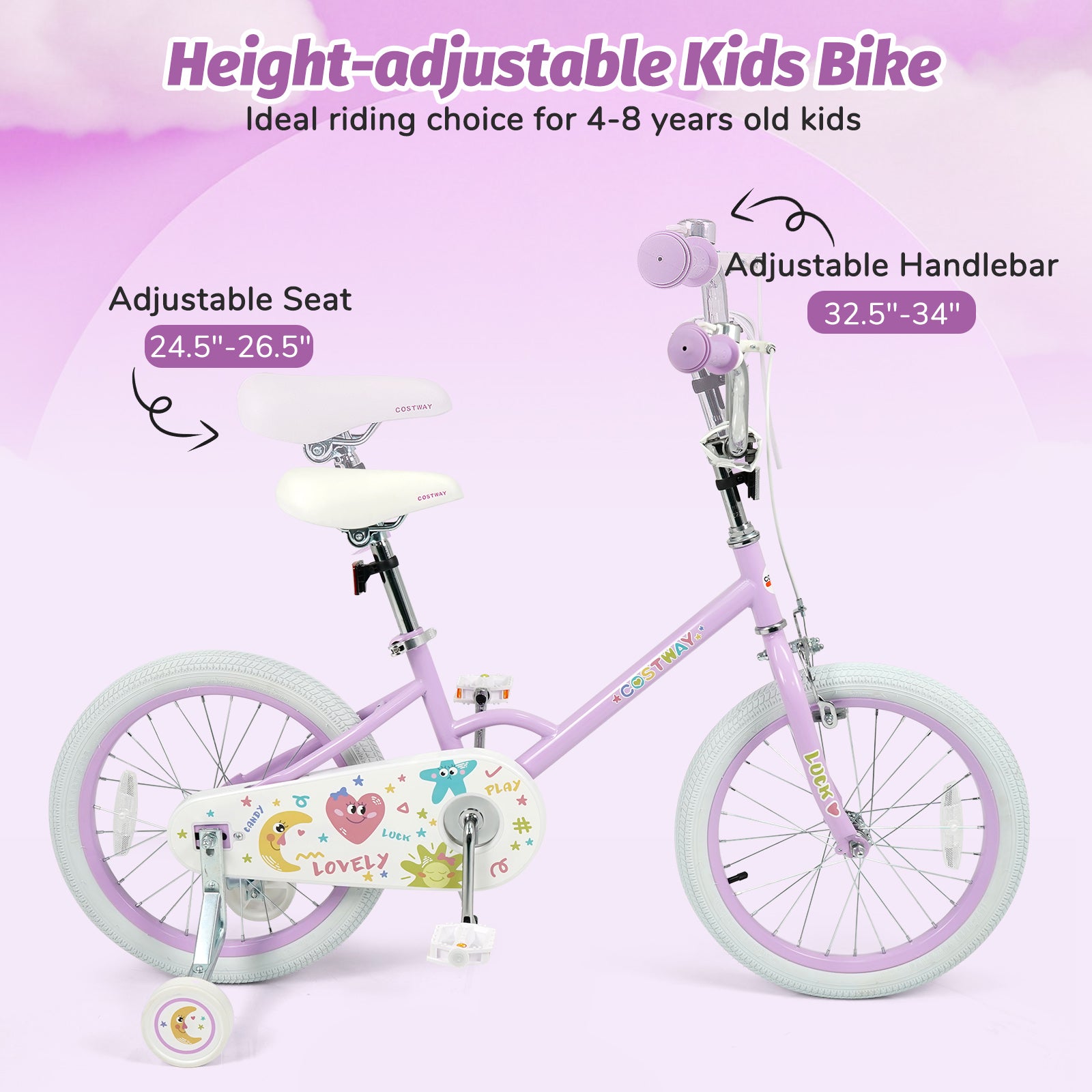 12/14/16/18 Inch Kids Bike Adjustable for 3-8 Years Old Children Purple - Stars & Moon-18 inches, Purple Kids Bike at Gallery Canada