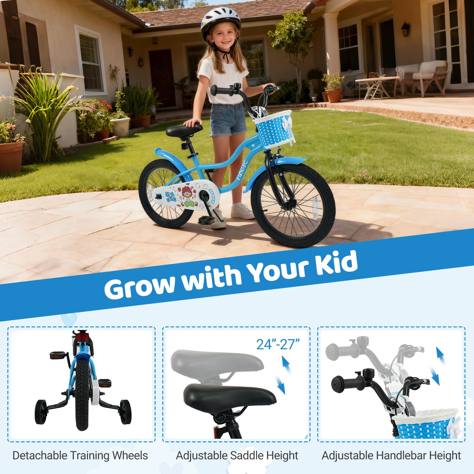 12/14/16/18 Inch Kids Bike with Training Wheels and Basket Navy Color-18 inches, Navy Kids Bike at Gallery Canada