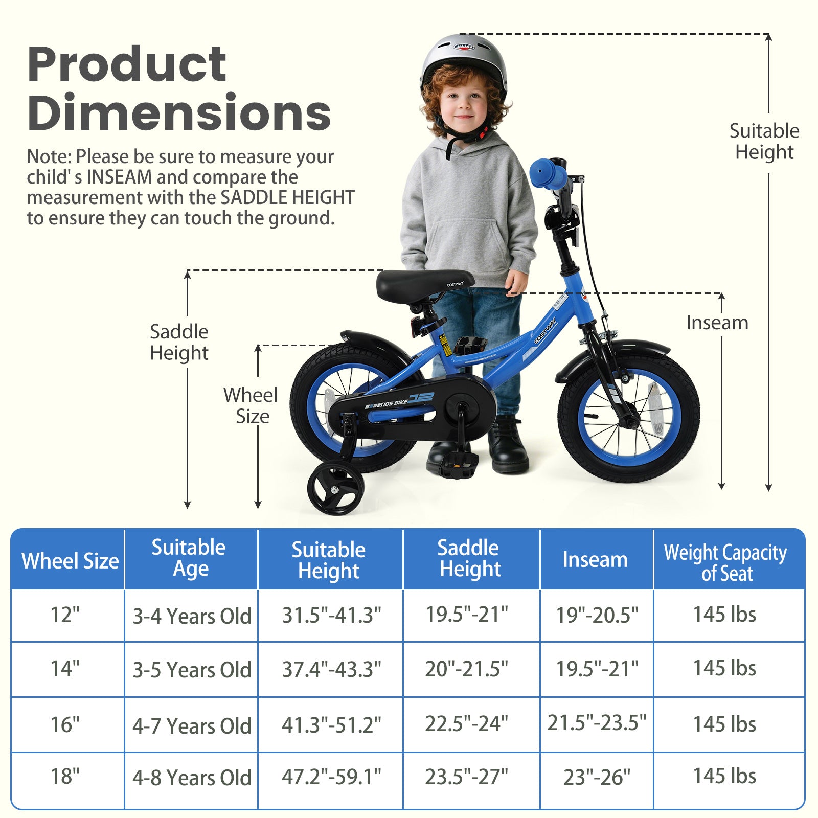 12/14/16/18 Inches Kids Bike with Removable Training Wheels and Adjustable Seatfor 3-8 Years Old Navy-12 inches, Navy Kids Bike at Gallery Canada