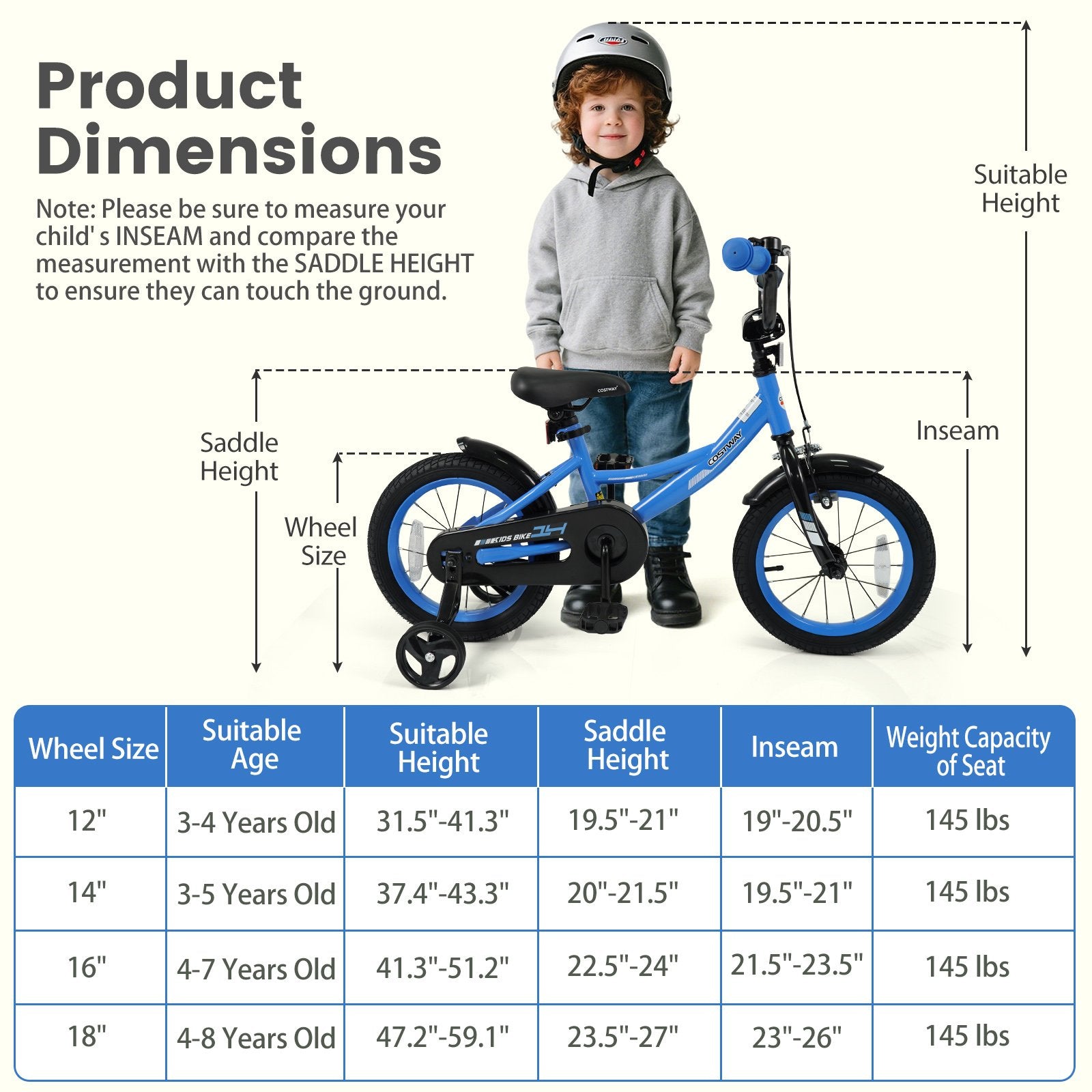 12/14/16/18 Inches Kids Bike with Removable Training Wheels and Adjustable Seatfor 3-8 Years Old Navy-14 inches, Navy Kids Bike at Gallery Canada