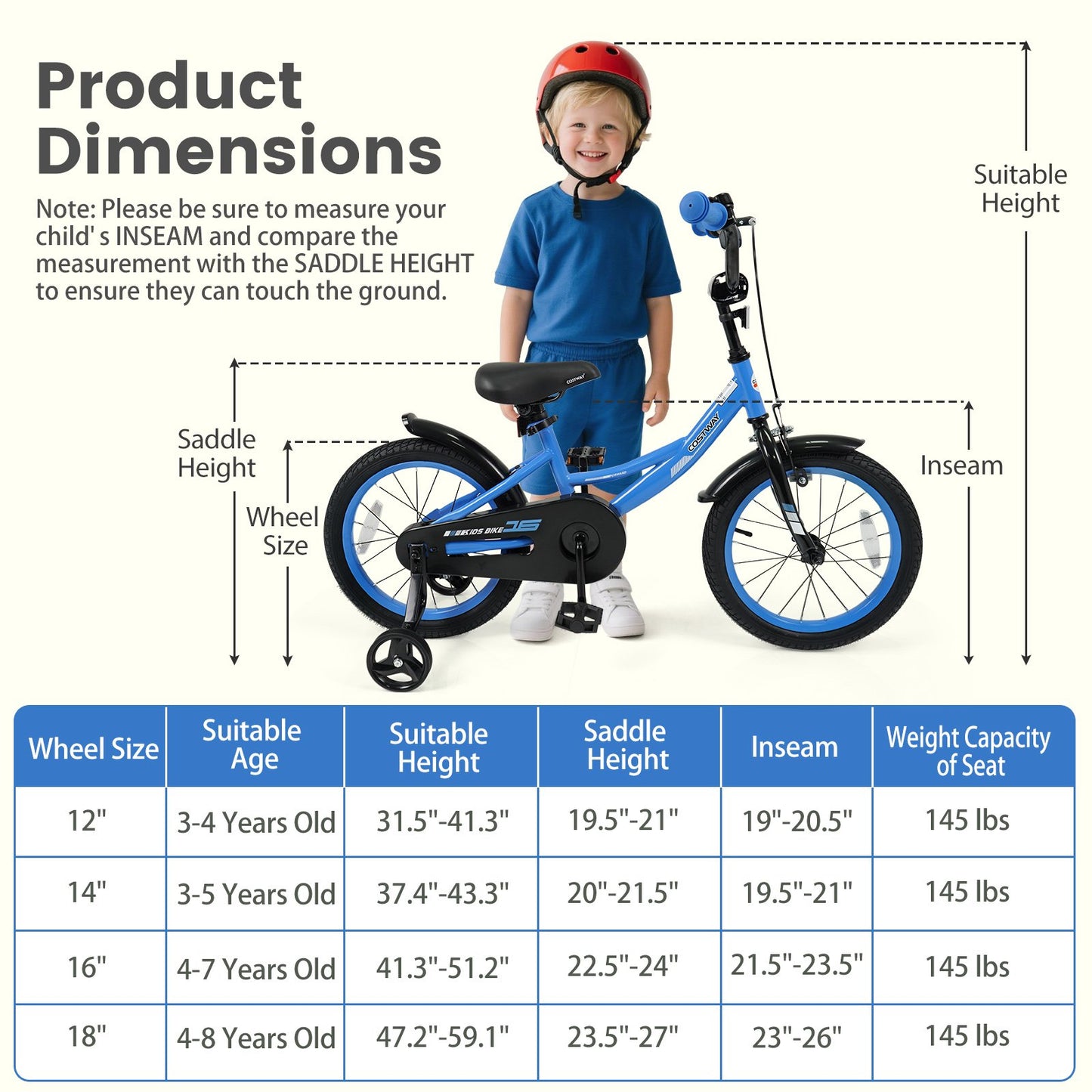 12/14/16/18 Inches Kids Bike with Removable Training Wheels and Adjustable Seatfor 3-8 Years Old Navy-16 inches, Navy Kids Bike at Gallery Canada