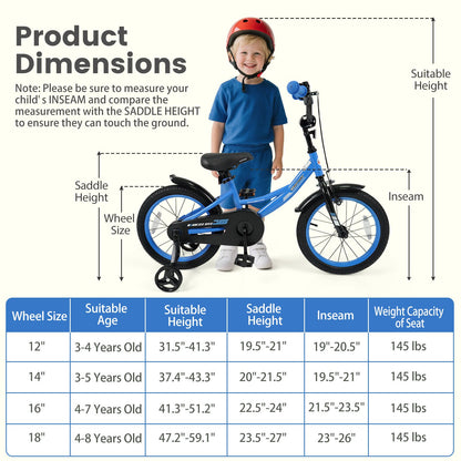 12/14/16/18 Inches Kids Bike with Removable Training Wheels and Adjustable Seatfor 3-8 Years Old Navy-16 inches, Navy Kids Bike at Gallery Canada