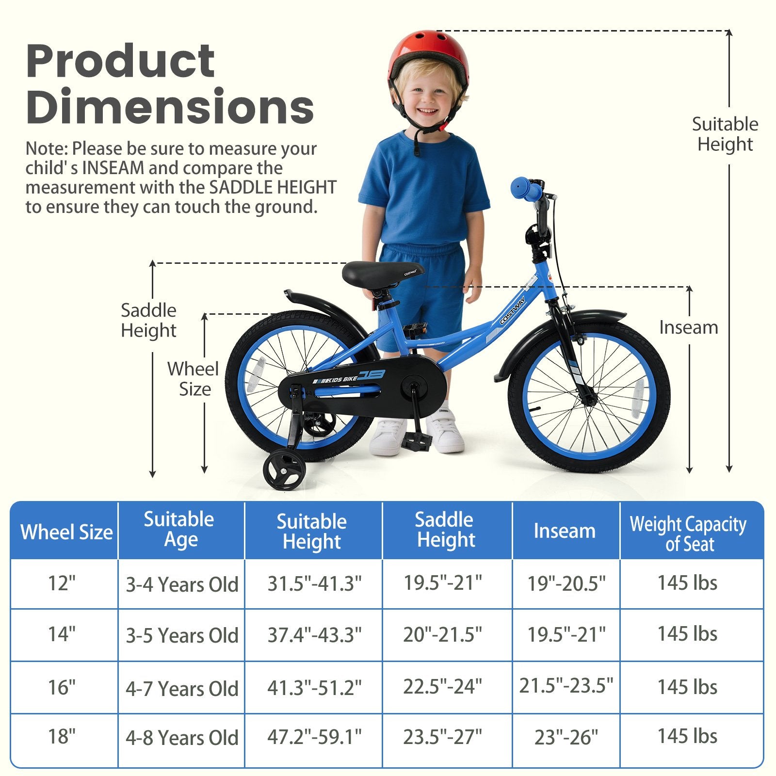 12/14/16/18 Inches Kids Bike with Removable Training Wheels and Adjustable Seatfor 3-8 Years Old Navy-18 inches, Navy Kids Bike at Gallery Canada