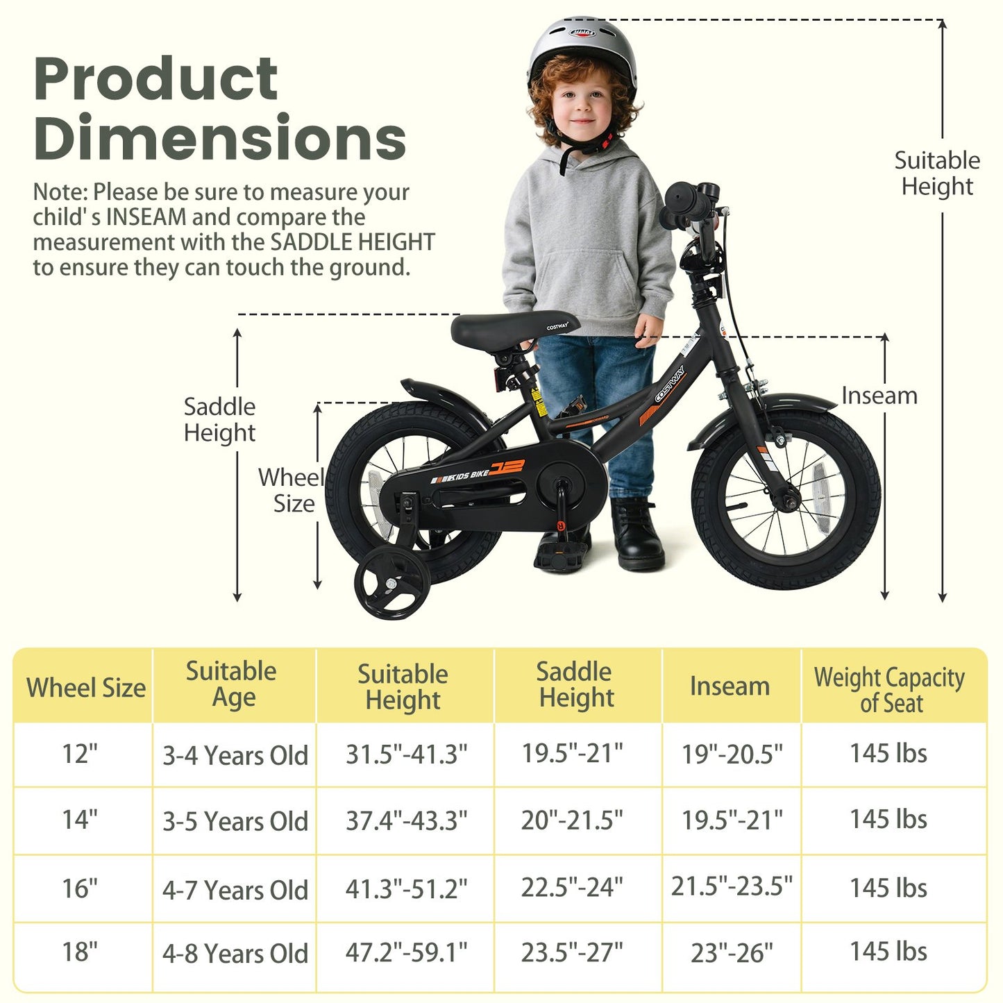 12/14/16/18 Inches Kids Bike with Removable Training Wheels and Adjustable Seatfor 3-8 Years Old Black-12 inches, Black Kids Bike at Gallery Canada
