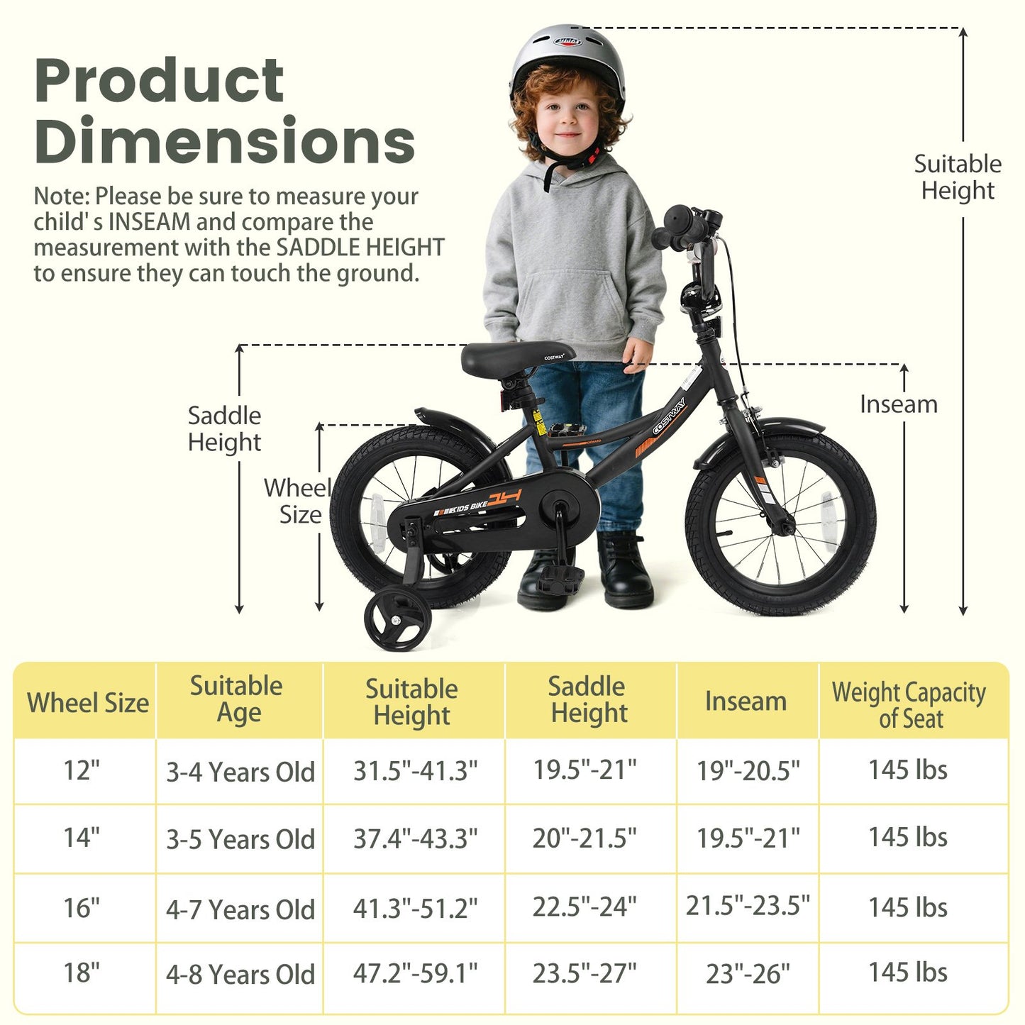 12/14/16/18 Inches Kids Bike with Removable Training Wheels and Adjustable Seatfor 3-8 Years Old Black-14 inches, Black Kids Bike at Gallery Canada