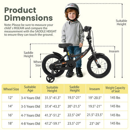 12/14/16/18 Inches Kids Bike with Removable Training Wheels and Adjustable Seatfor 3-8 Years Old Black-14 inches, Black Kids Bike at Gallery Canada