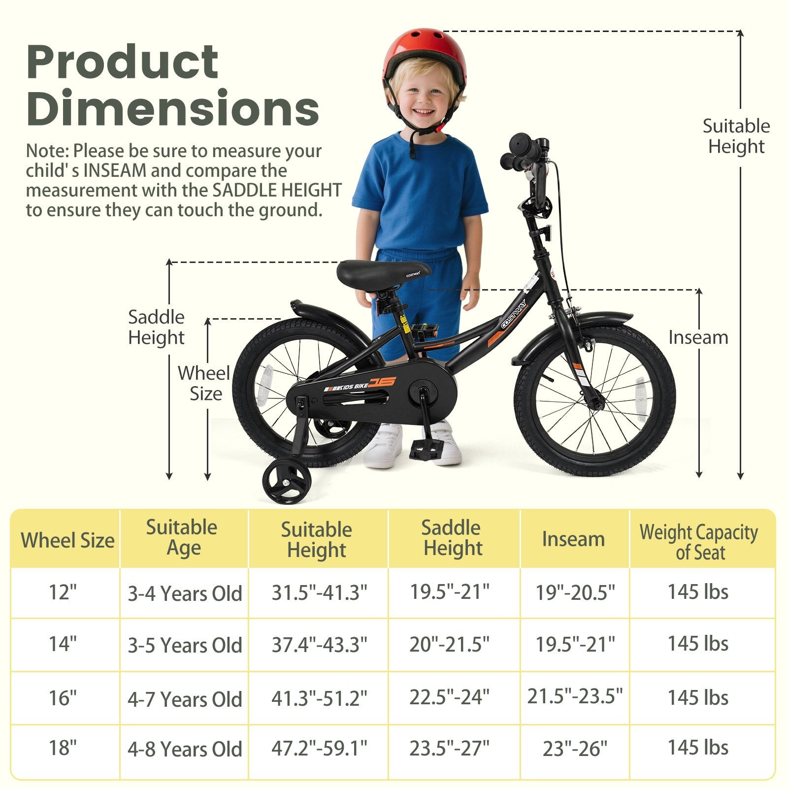 12/14/16/18 Inches Kids Bike with Removable Training Wheels and Adjustable Seatfor 3-8 Years Old Black-16 inches, Black Kids Bike at Gallery Canada
