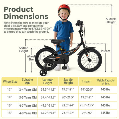 12/14/16/18 Inches Kids Bike with Removable Training Wheels and Adjustable Seatfor 3-8 Years Old Black-16 inches, Black Kids Bike at Gallery Canada