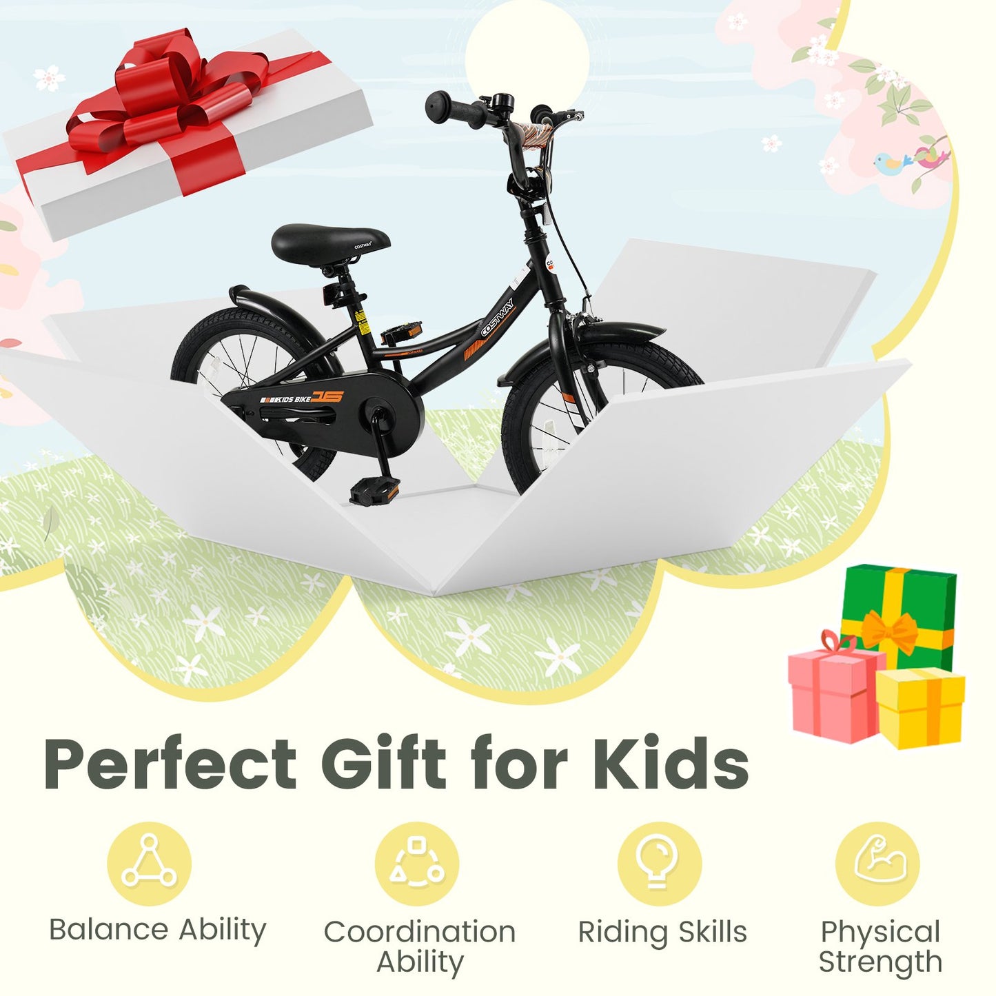 12/14/16/18 Inches Kids Bike with Removable Training Wheels and Adjustable Seatfor 3-8 Years Old Black-16 inches, Black Kids Bike at Gallery Canada