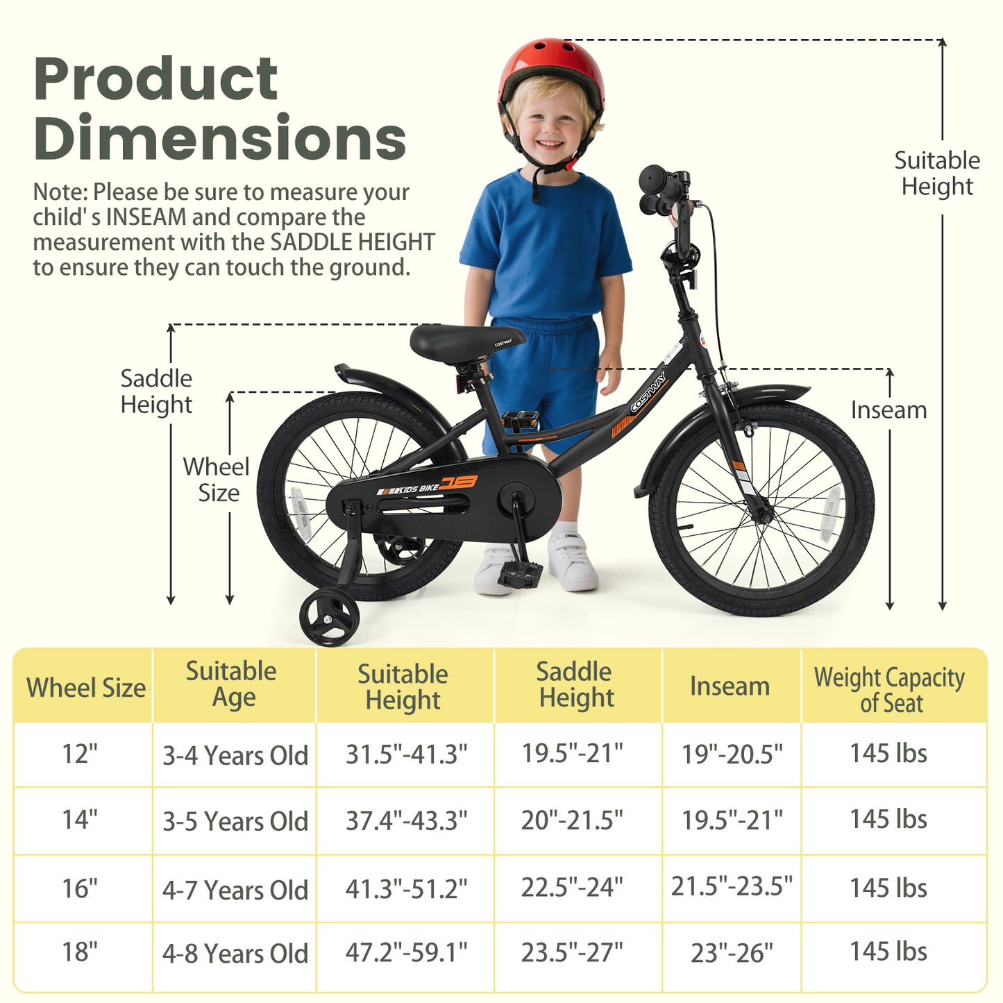 12/14/16/18 Inches Kids Bike with Removable Training Wheels and Adjustable Seatfor 3-8 Years Old Black-18 inches, Black Kids Bike at Gallery Canada