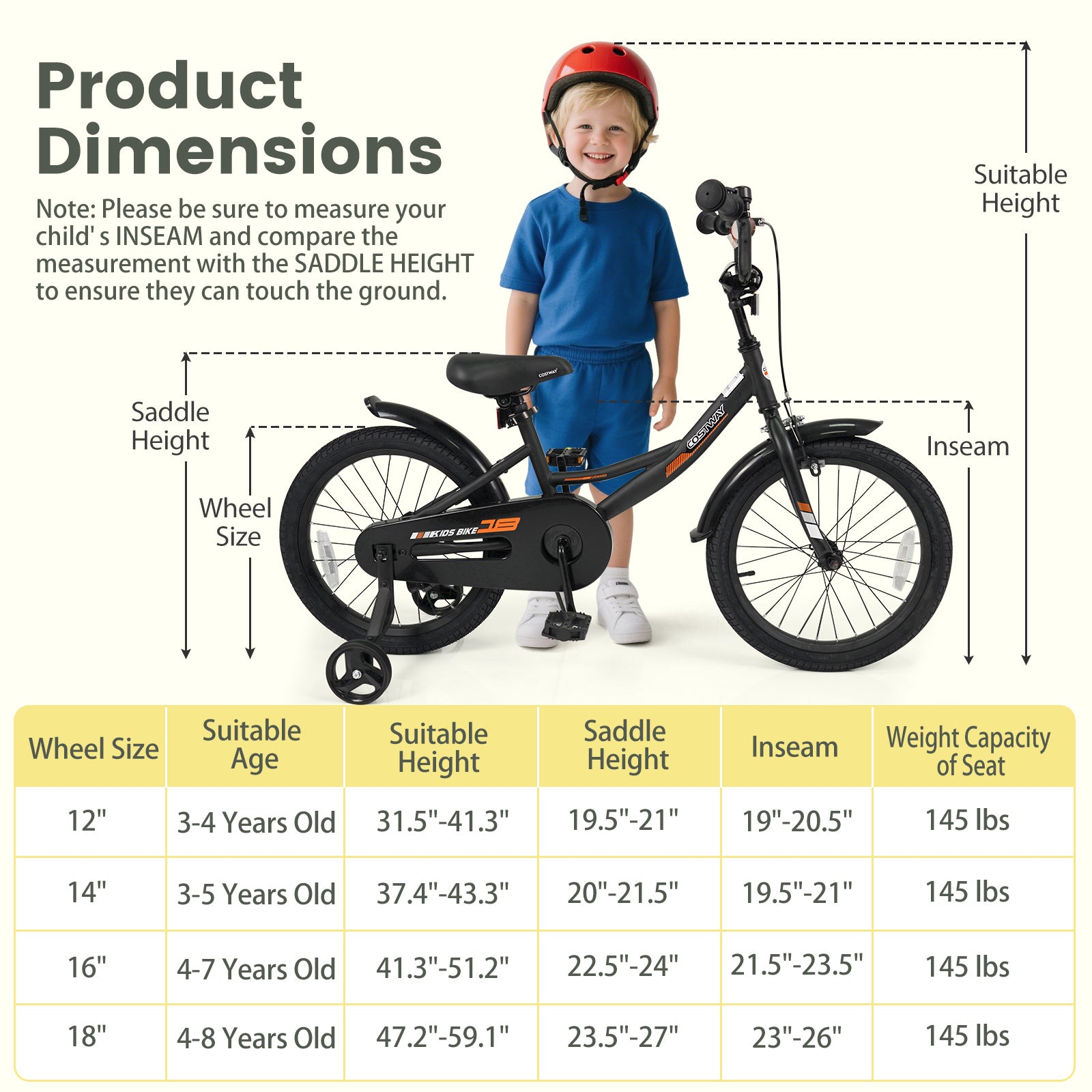 12/14/16/18 Inches Kids Bike with Removable Training Wheels and Adjustable Seatfor 3-8 Years Old Black-18 inches, Black Kids Bike at Gallery Canada