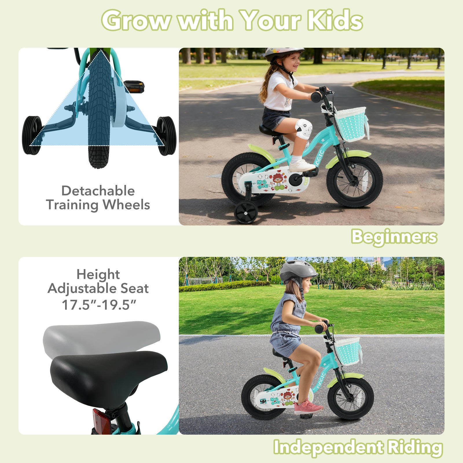 12/14/16 Inch Kids Bike with Training Wheels and Basket Green Color-12 Kids Bike at Gallery Canada