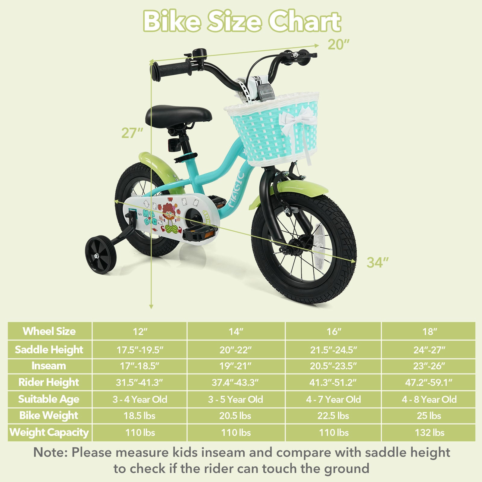 12/14/16 Inch Kids Bike with Training Wheels and Basket Green Color-12 Kids Bike at Gallery Canada