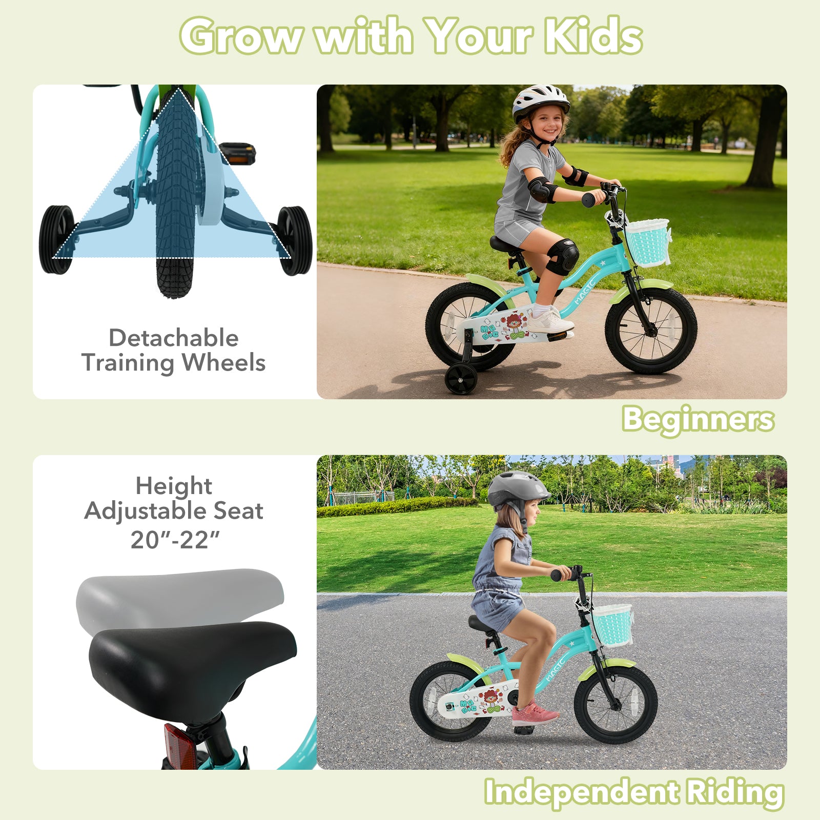 12/14/16 Inch Kids Bike with Training Wheels and Basket Green Color-14 Kids Bike at Gallery Canada
