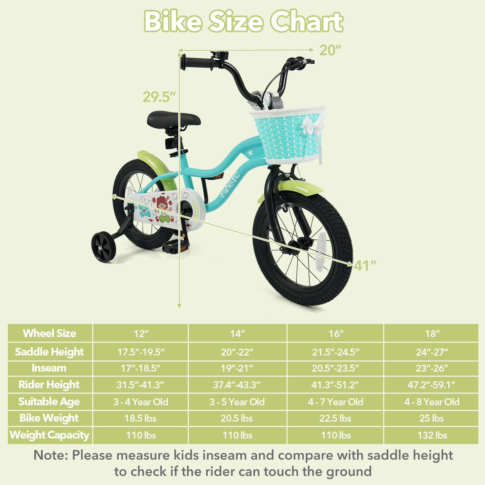 12/14/16 Inch Kids Bike with Training Wheels and Basket Green Color-14 Kids Bike at Gallery Canada