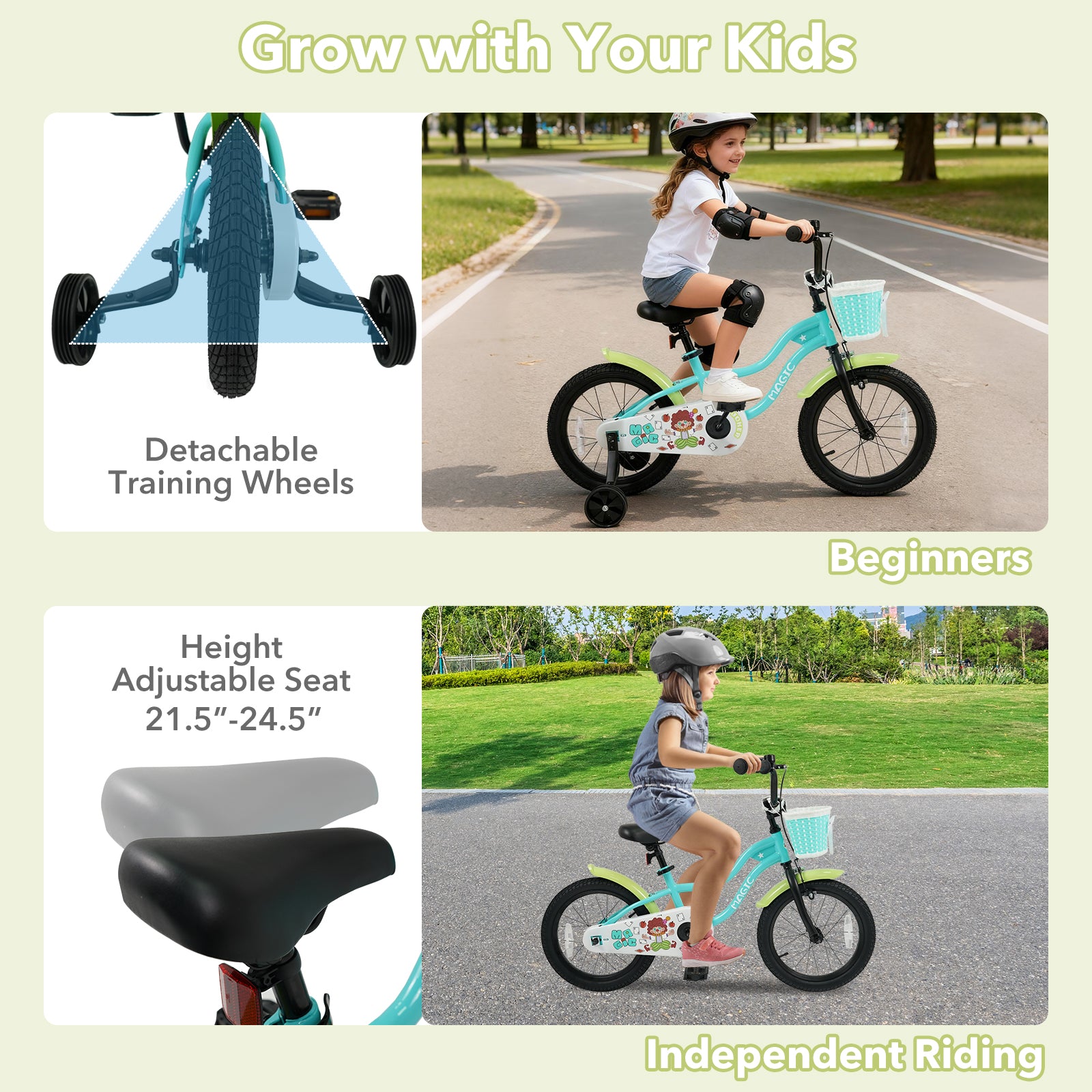 12/14/16 Inch Kids Bike with Training Wheels and Basket Green Color-16 Kids Bike at Gallery Canada
