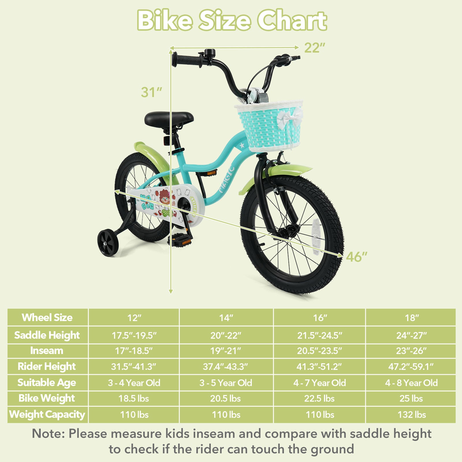 12/14/16 Inch Kids Bike with Training Wheels and Basket Green Color-16 Kids Bike at Gallery Canada