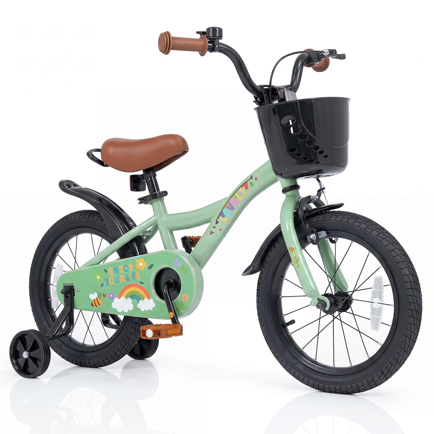 Vélo de fille 16 pouces, âges 3-8, avec panier, vert