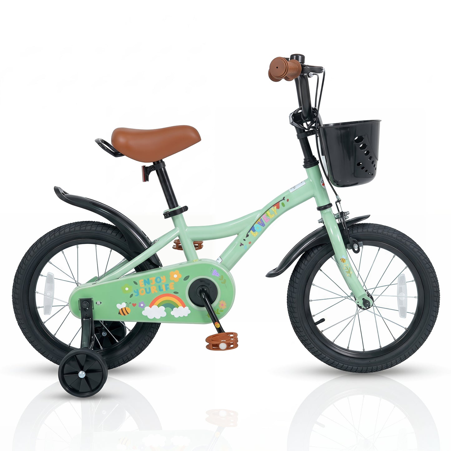 Vélo de fille 16 pouces, âges 3-8, avec panier, vert