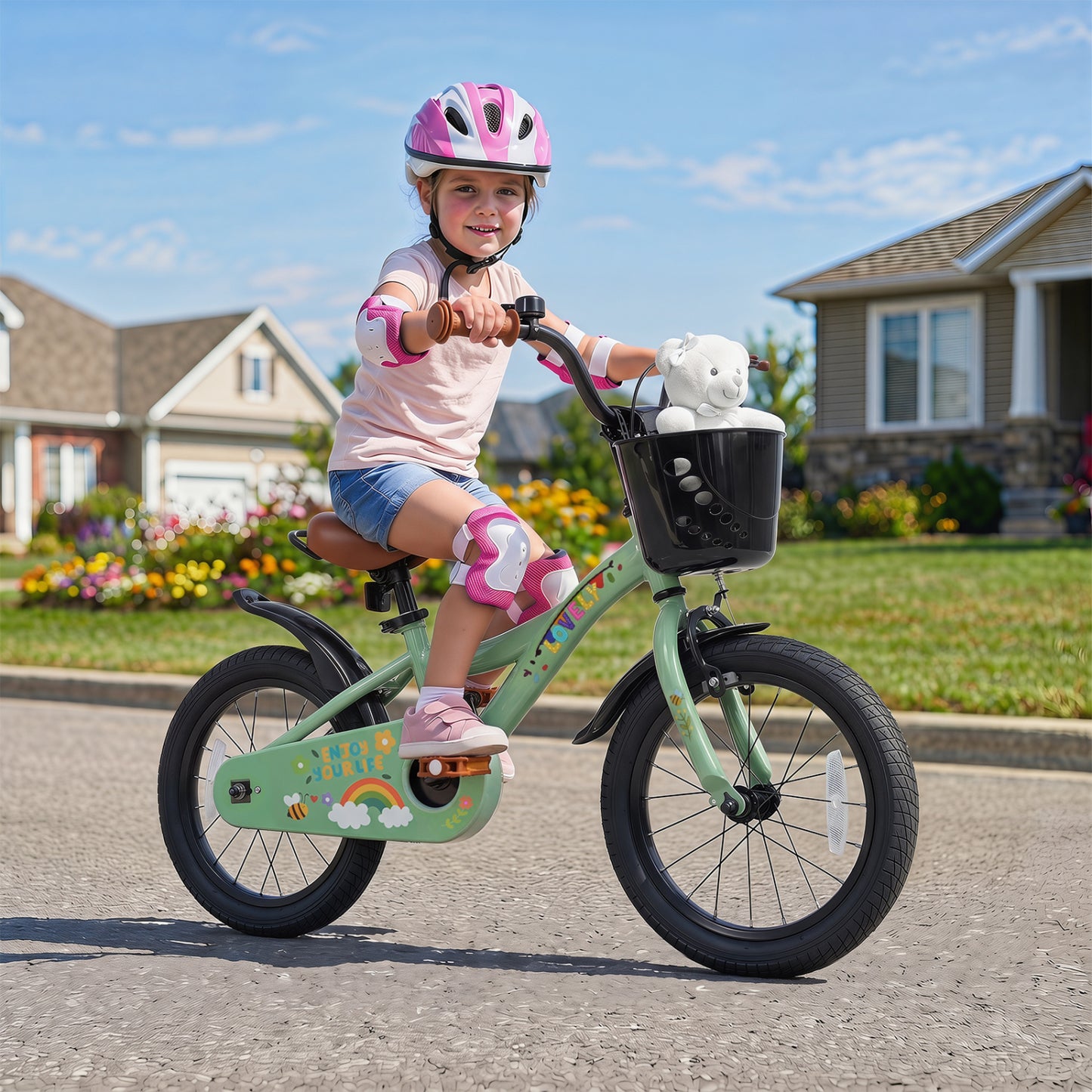 Vélo de fille 16 pouces, âges 3-8, avec panier, vert