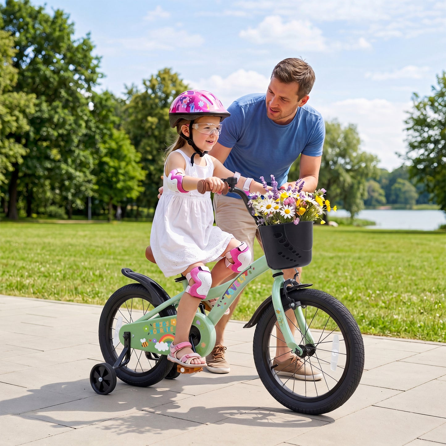 Vélo de fille 16 pouces, âges 3-8, avec panier, vert