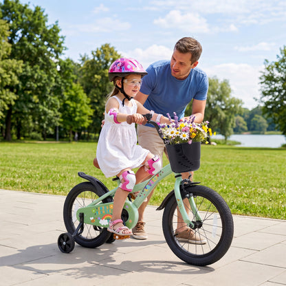 Vélo de fille 16 pouces, âges 3-8, avec panier, vert