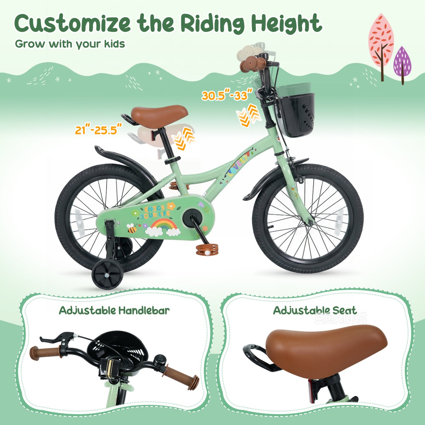 Vélo de fille 16 pouces, âges 3-8, avec panier, vert