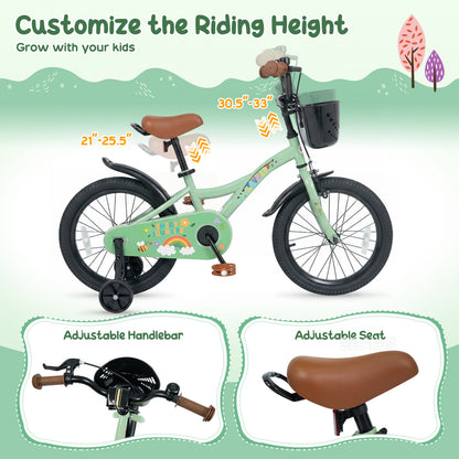 Vélo de fille 16 pouces, âges 3-8, avec panier, vert