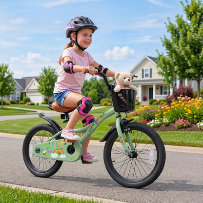 Vélo de fille 18 pouces avec panier, âges 3-8, vert