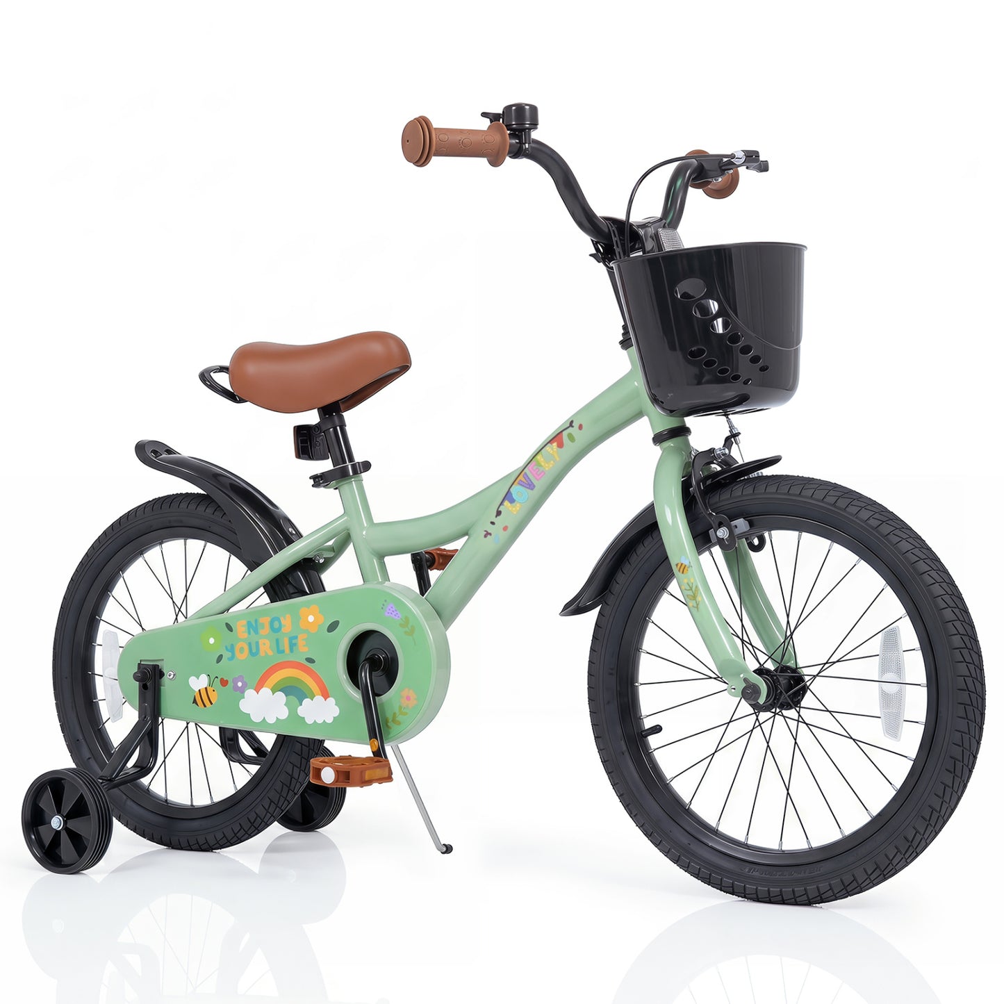 Vélo de fille 18 pouces avec panier, âges 3-8, vert