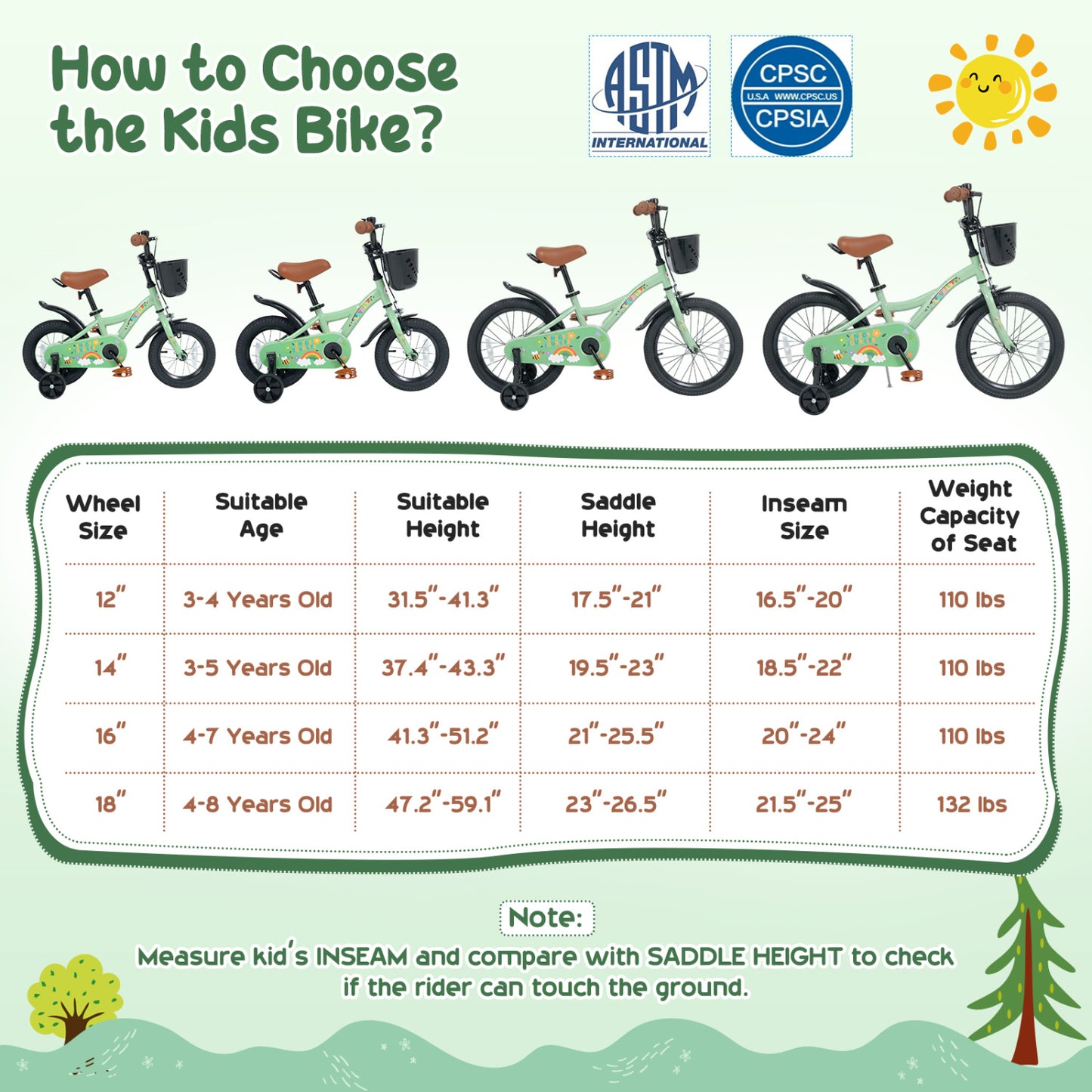Vélo de fille 18 pouces avec panier, âges 3-8, vert