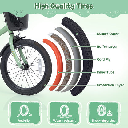 Vélo de fille 18 pouces avec panier, âges 3-8, vert
