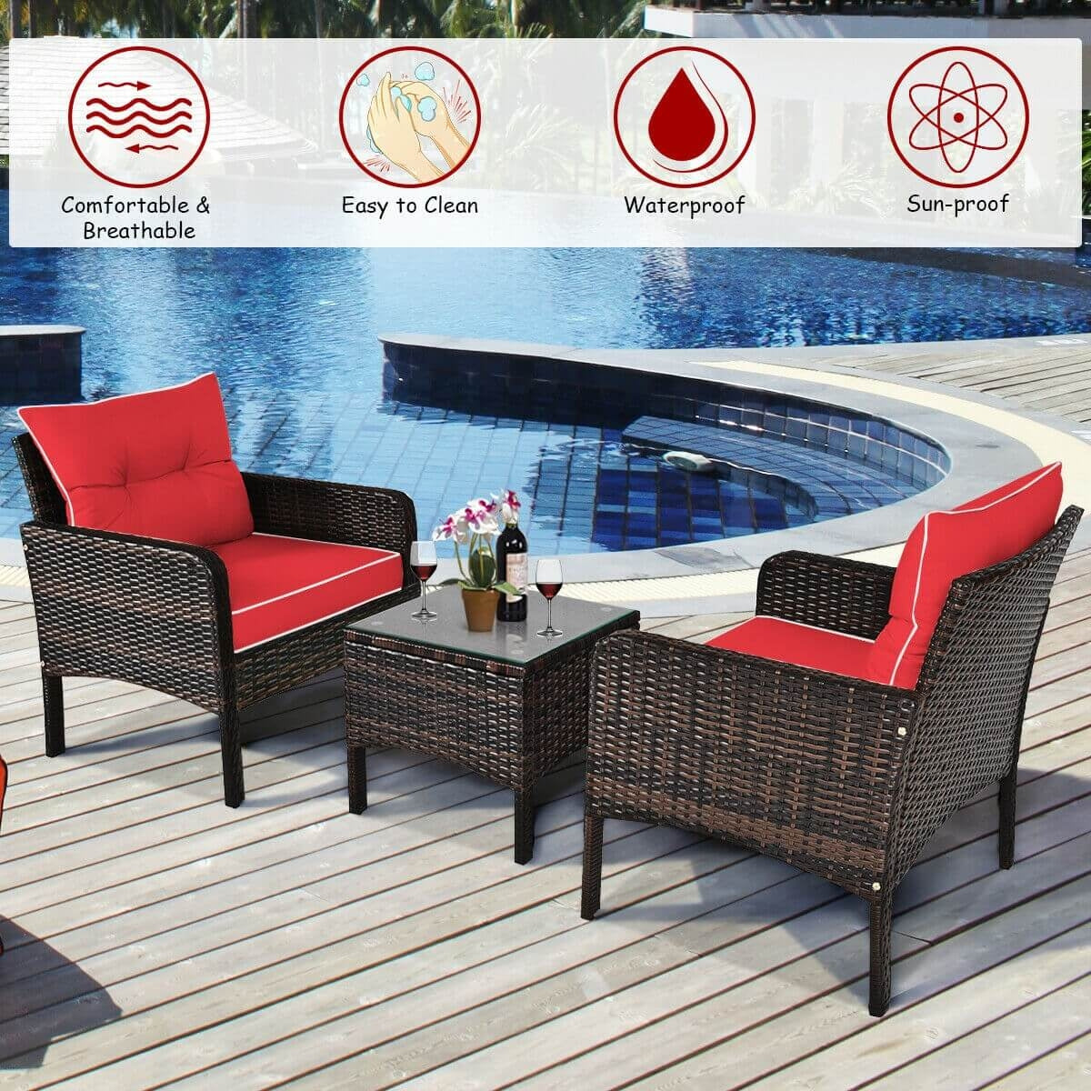 3 Pcs Outdoor Patio Rattan Conversation Set with Seat Cushions, Red Patio Conversation Sets at Gallery Canada