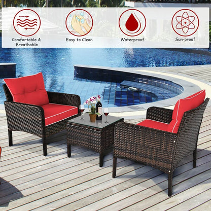 3 Pcs Outdoor Patio Rattan Conversation Set with Seat Cushions, Red Patio Conversation Sets at Gallery Canada