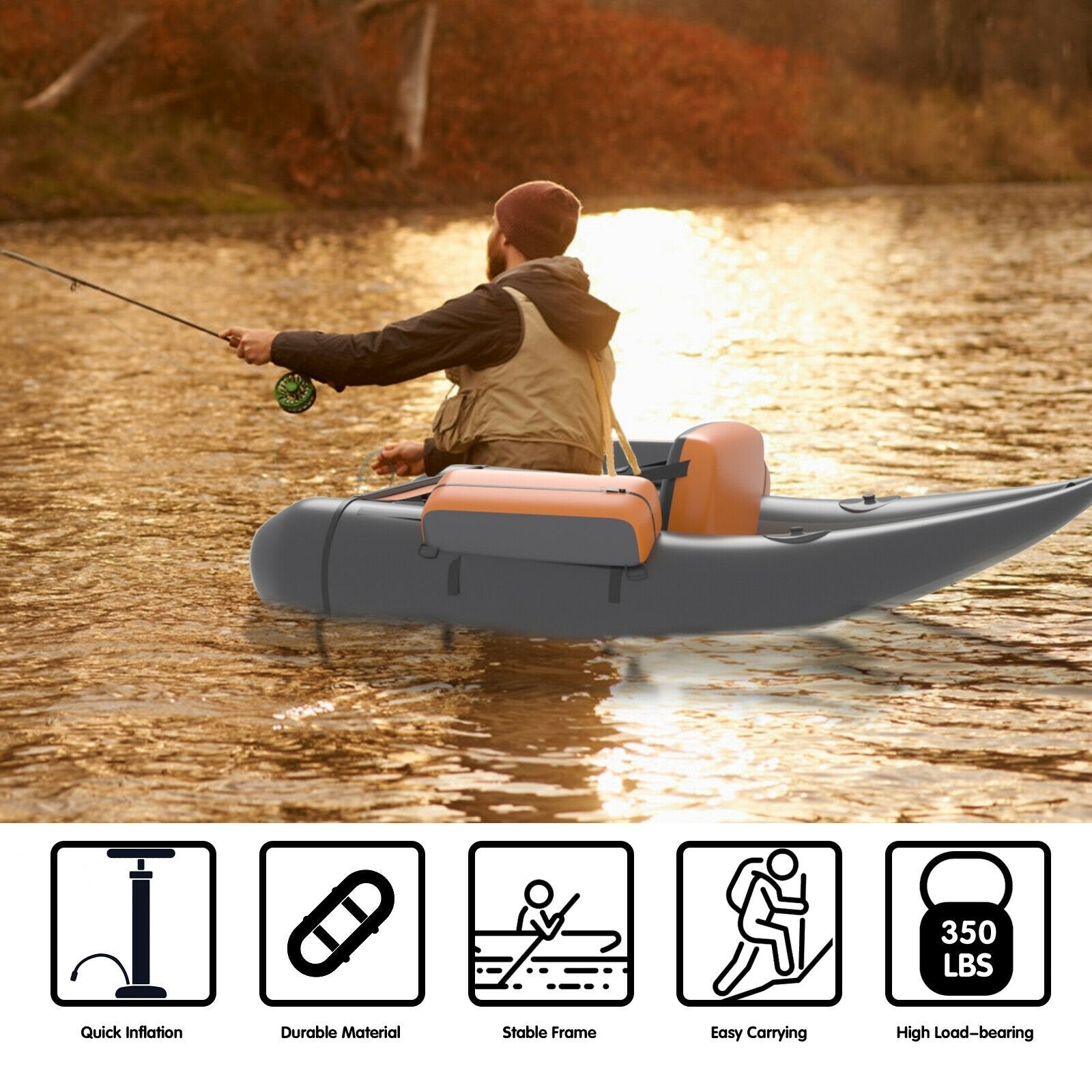 Inflatable Fishing Float Tube with Pump Storage Pockets and Fish Ruler, Gray - Gallery Canada