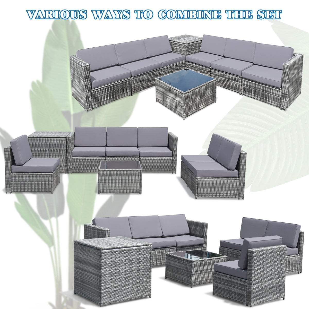 8 Pieces Wicker Rattan Dining Set, With Storage Table, Gray Outdoor Sectionals at Gallery Canada