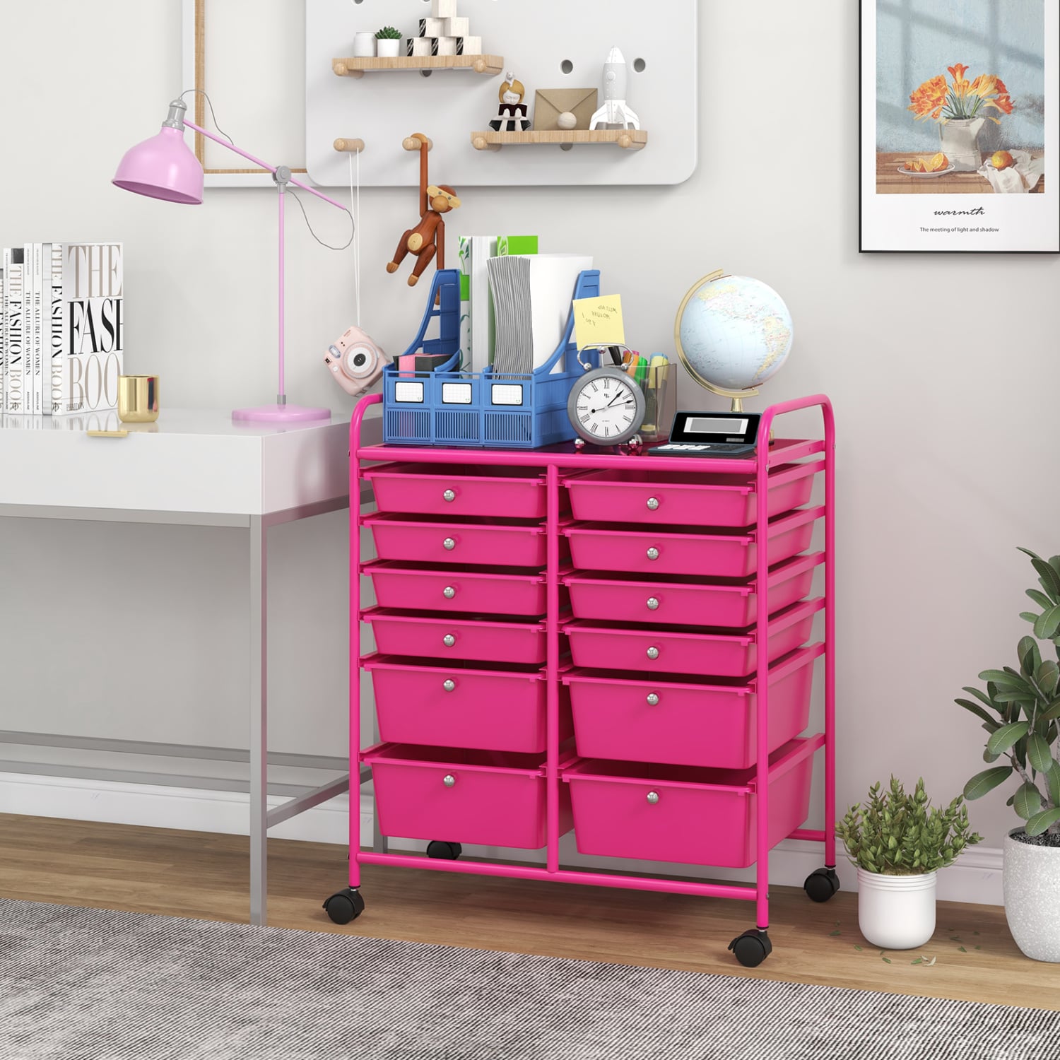 12-Drawer Rolling Storage Cart, Removable Drawers, Lockable Wheels, Rose Red File Cabinets at Gallery Canada