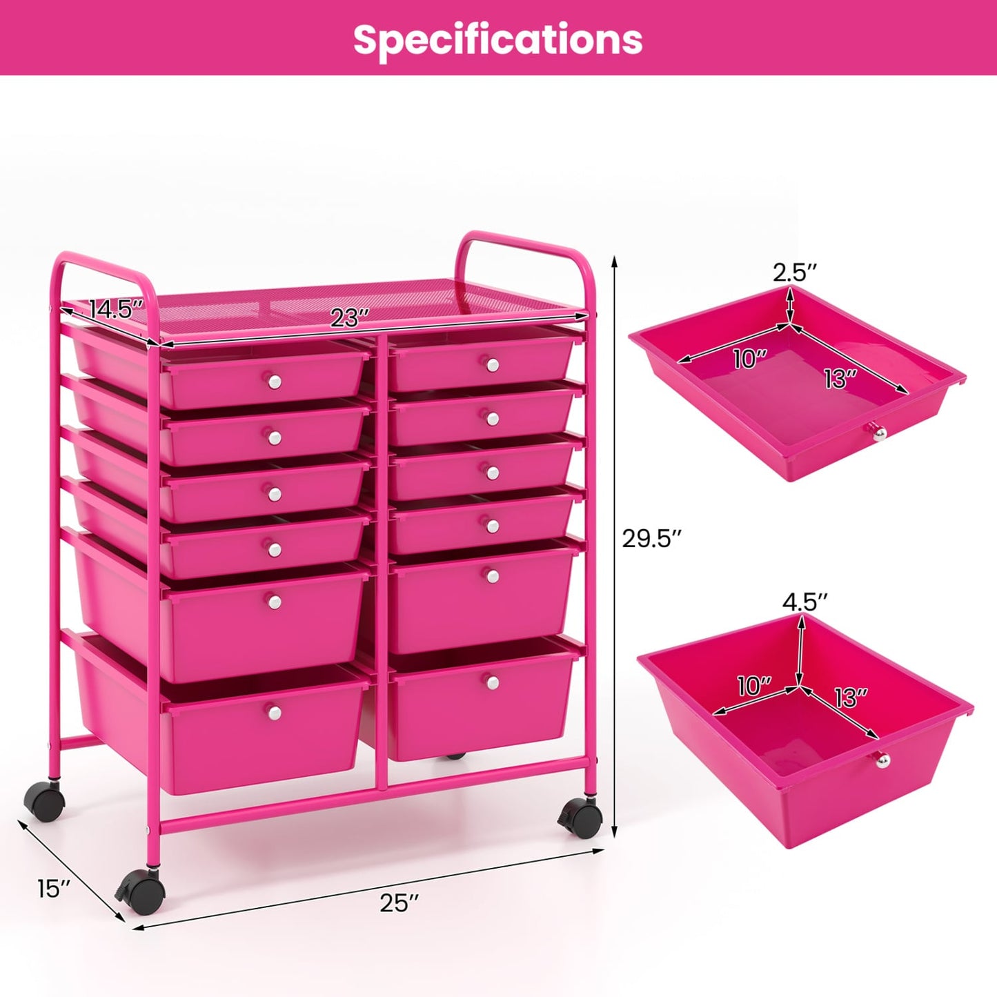 12-Drawer Rolling Storage Cart, Removable Drawers, Lockable Wheels, Rose Red File Cabinets at Gallery Canada