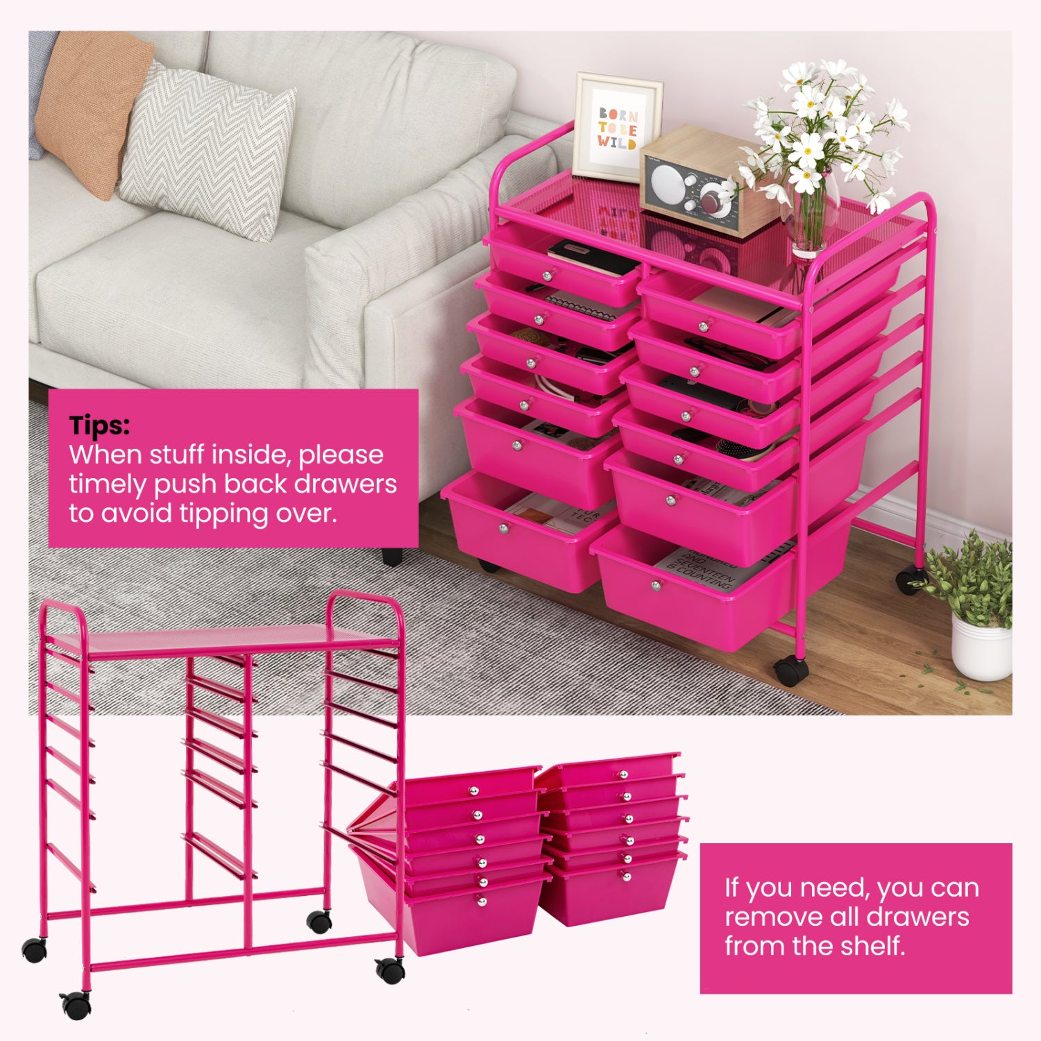 12-Drawer Rolling Storage Cart, Removable Drawers, Lockable Wheels, Rose Red File Cabinets at Gallery Canada