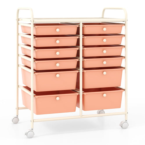 12-Drawer Rolling Storage Cart, Removable Drawers, Lockable Wheels, Peach