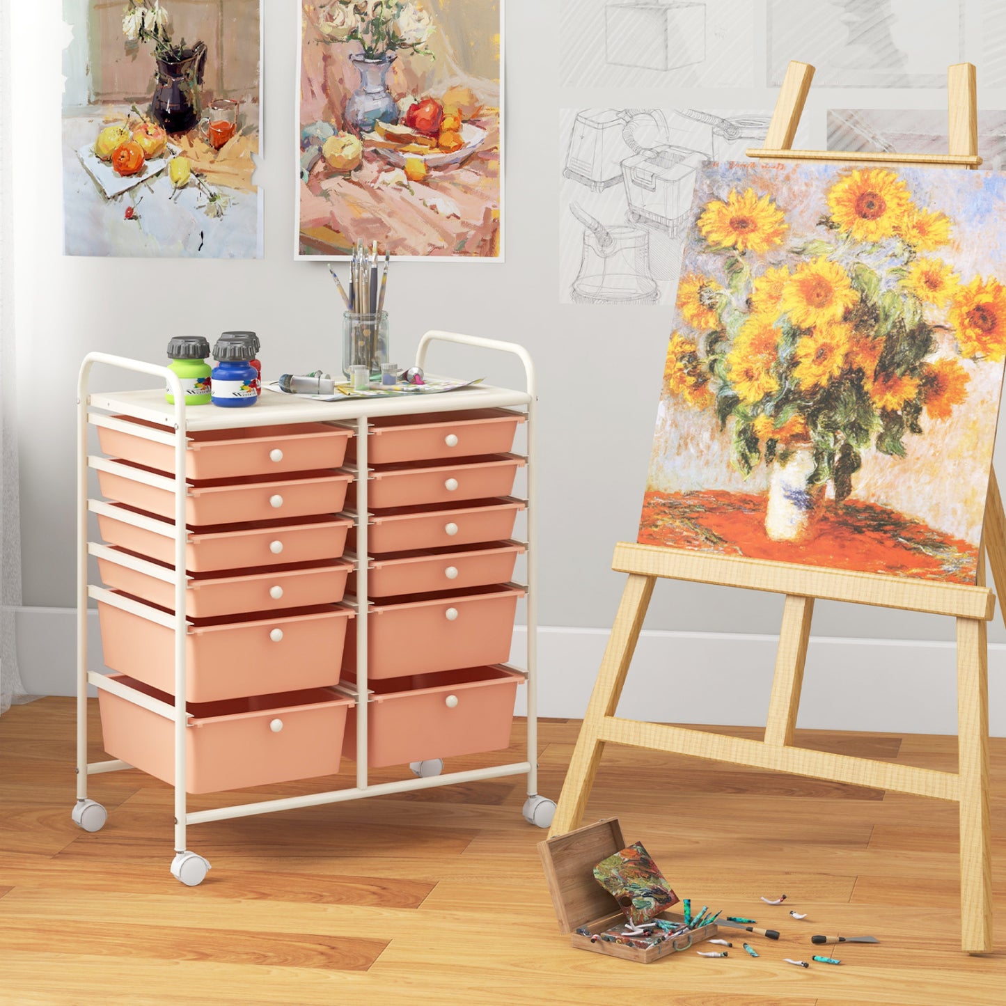 12-Drawer Rolling Storage Cart, Removable Drawers, Lockable Wheels, Peach File Cabinets at Gallery Canada