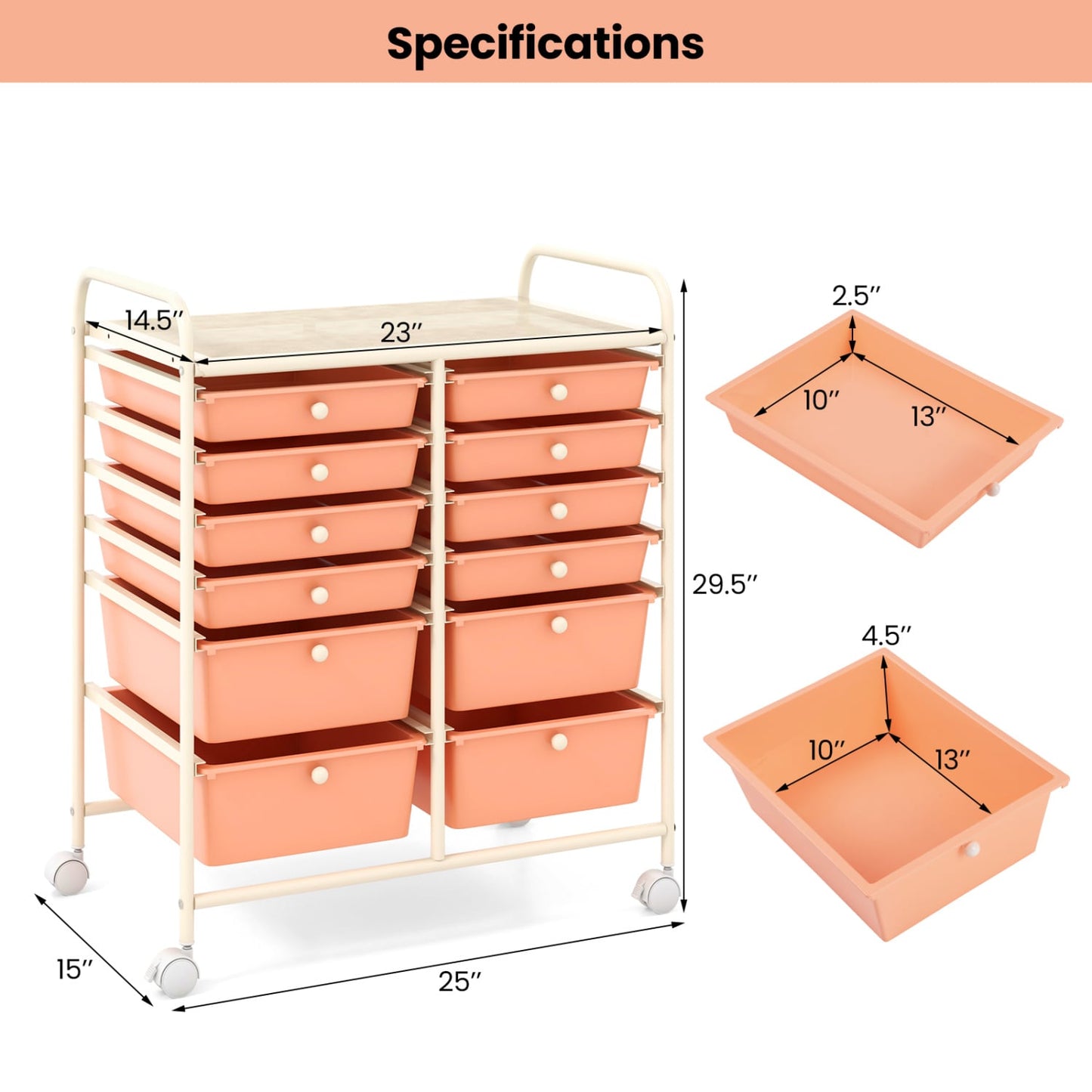 12-Drawer Rolling Storage Cart, Removable Drawers, Lockable Wheels, Peach File Cabinets at Gallery Canada