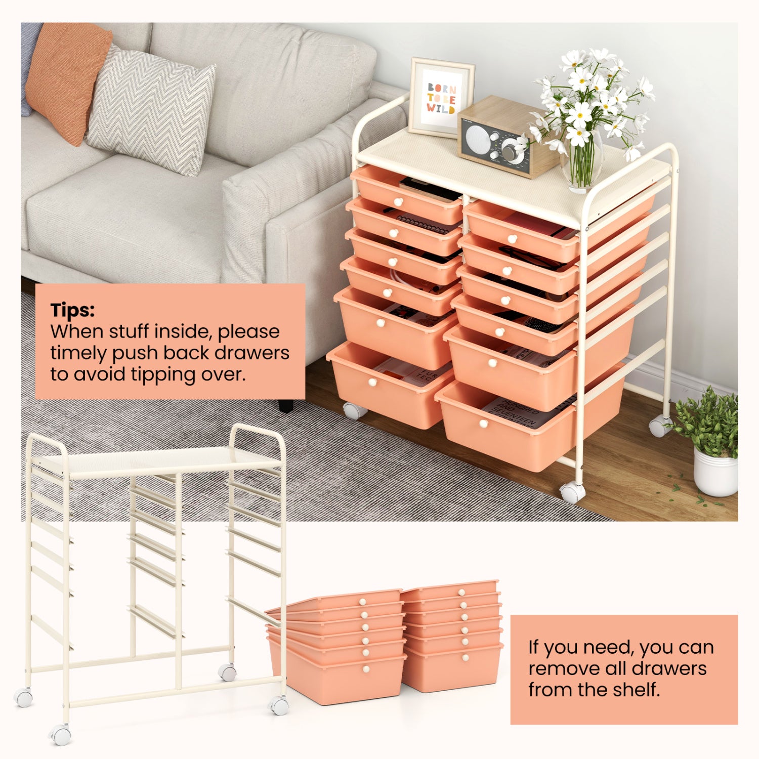 12-Drawer Rolling Storage Cart, Removable Drawers, Lockable Wheels, Peach File Cabinets at Gallery Canada