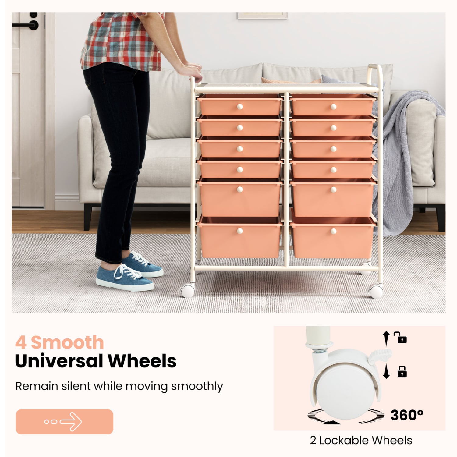 12-Drawer Rolling Storage Cart, Removable Drawers, Lockable Wheels, Peach File Cabinets at Gallery Canada
