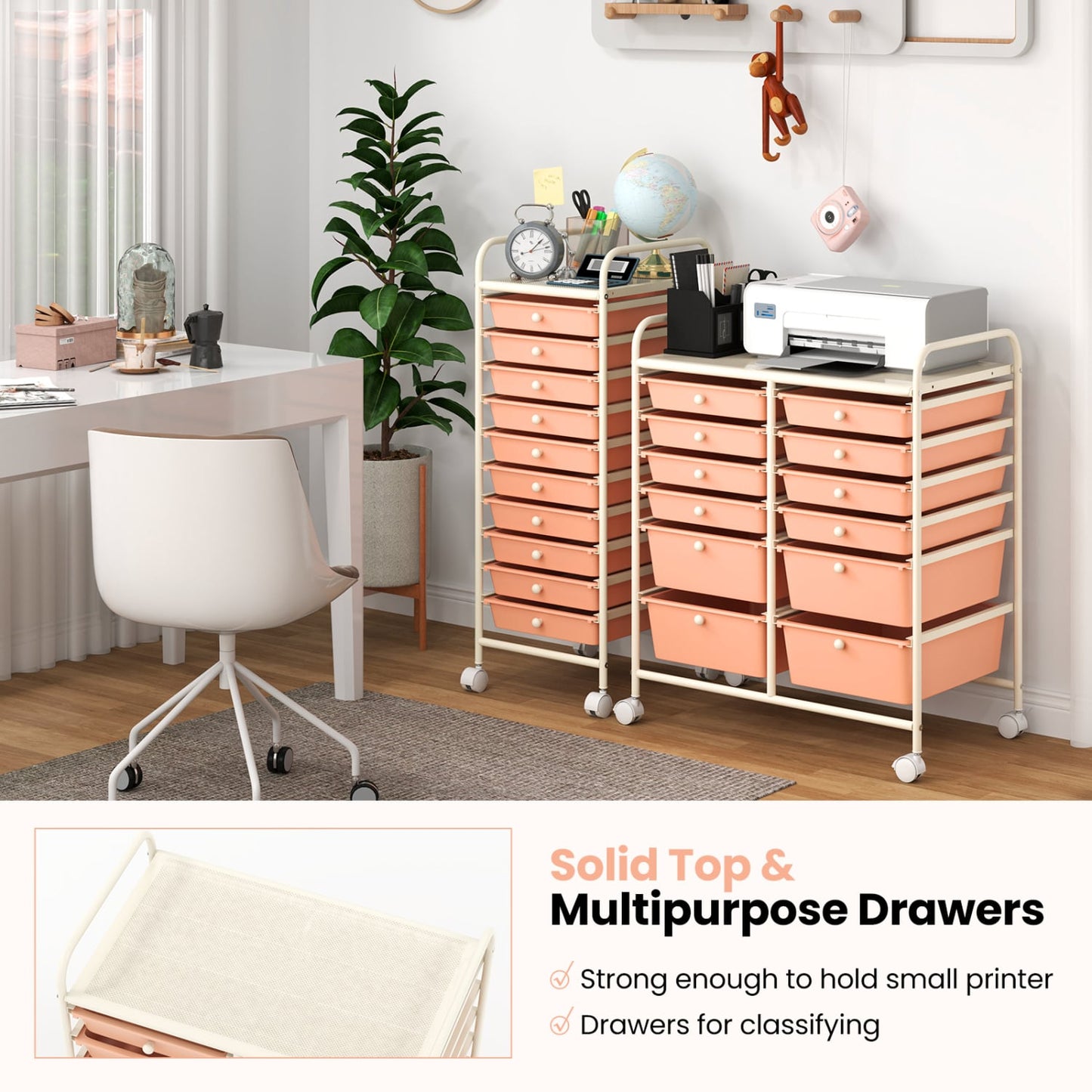 12-Drawer Rolling Storage Cart, Removable Drawers, Lockable Wheels, Peach File Cabinets at Gallery Canada