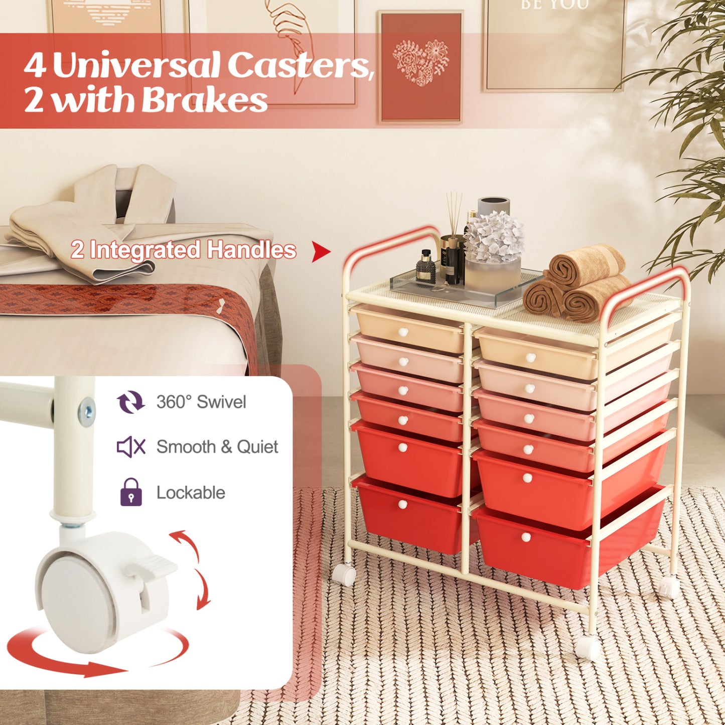 12-Drawer Rolling Storage Cart, Removable Drawers, Lockable Wheels, Pink File Cabinets at Gallery Canada