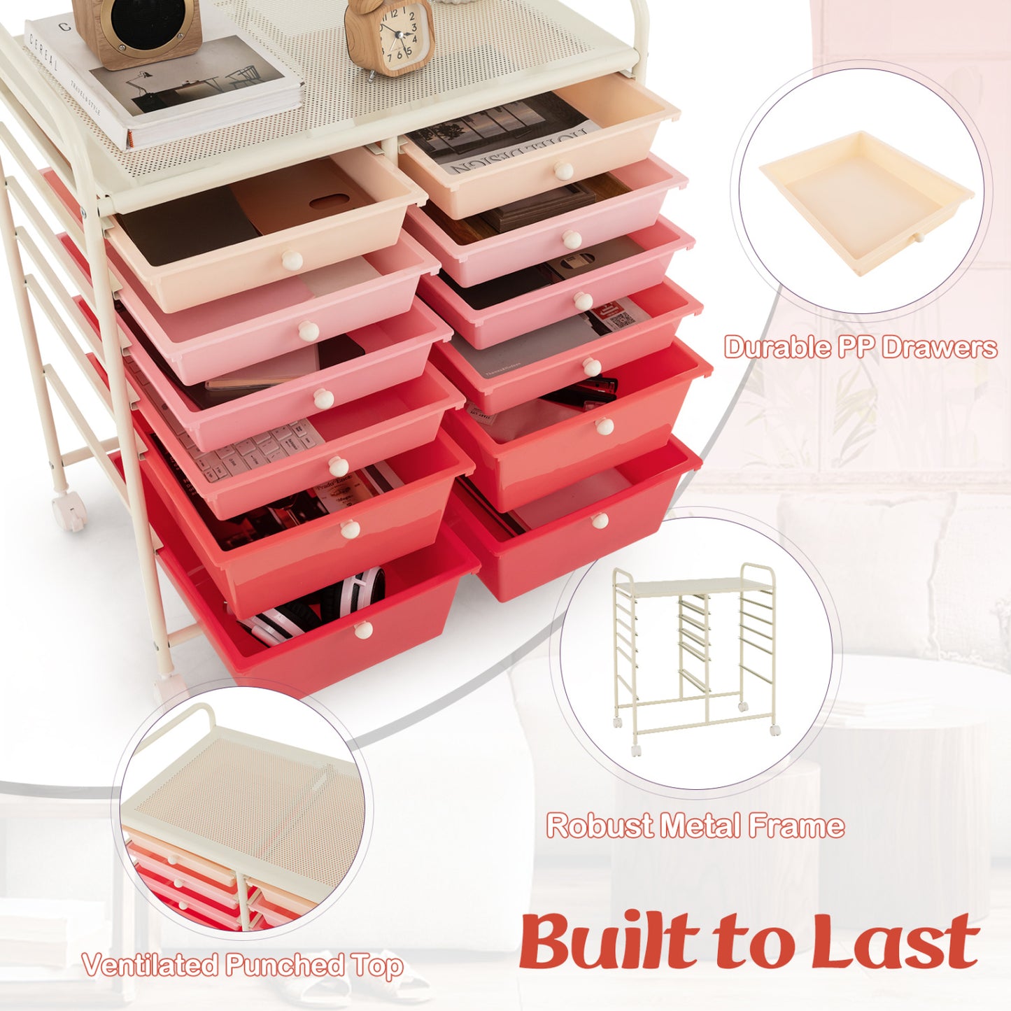 12-Drawer Rolling Storage Cart, Removable Drawers, Lockable Wheels, Pink File Cabinets at Gallery Canada