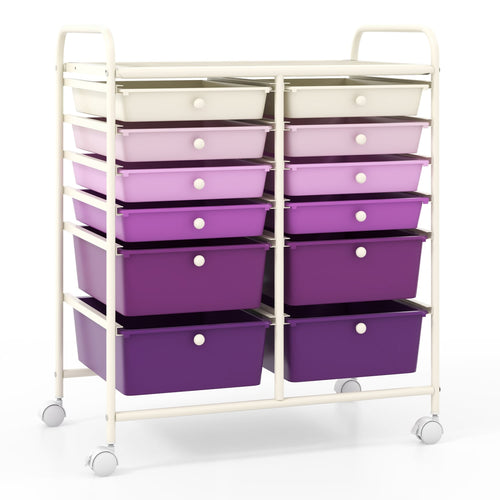 12-Drawer Rolling Storage Cart, Removable Drawers, Lockable Wheels, Purple