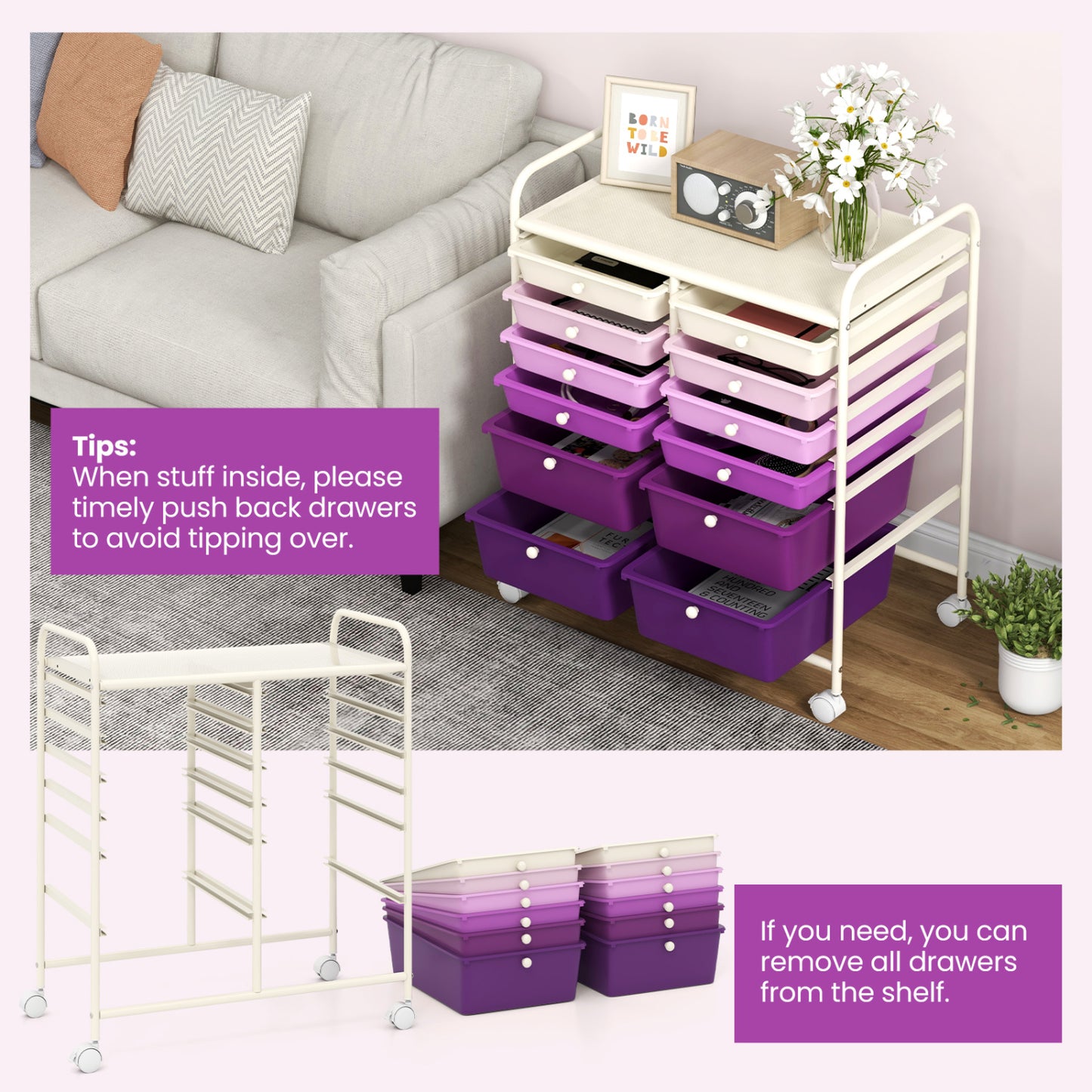 12-Drawer Rolling Storage Cart, Removable Drawers, Lockable Wheels, Purple File Cabinets at Gallery Canada