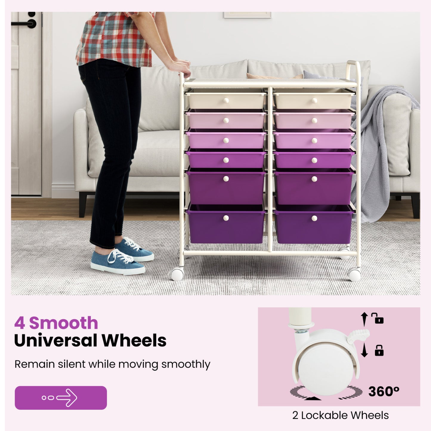 12-Drawer Rolling Storage Cart, Removable Drawers, Lockable Wheels, Purple File Cabinets at Gallery Canada